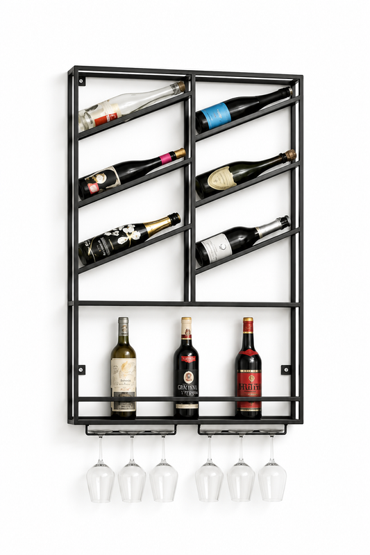Cantinetta Origine a parete in metallo nero, portabottiglie industriale salvaspazio
